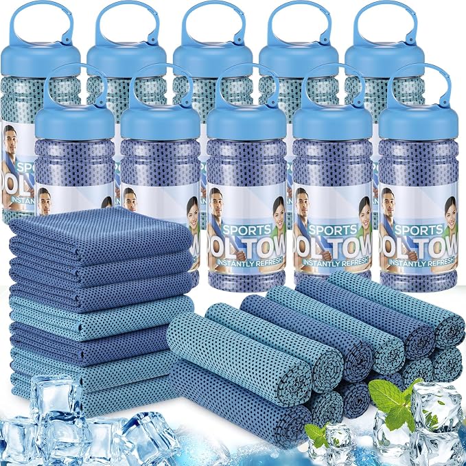 Honoson 20 Pcs Cooling Towels for Neck and Face, 47"x12" Sports Breathable Ice Towels Microfiber Chilly Sweat Rags with Portable Bottle for Gym Golf Athletes Yoga Workout Hot Weather (Light Dark Blue)