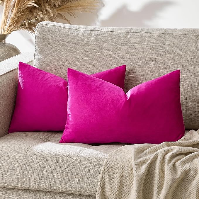 GIGIZAZA Hot Pink Velvet Pillow Covers 12x20 Decorative Pillows Pack of 2 | Lumbar Throw Pillows for Couch Sofa,280gsm Soft Textured Fabric,Modern Pillowcases,Luxury Cushion Covers