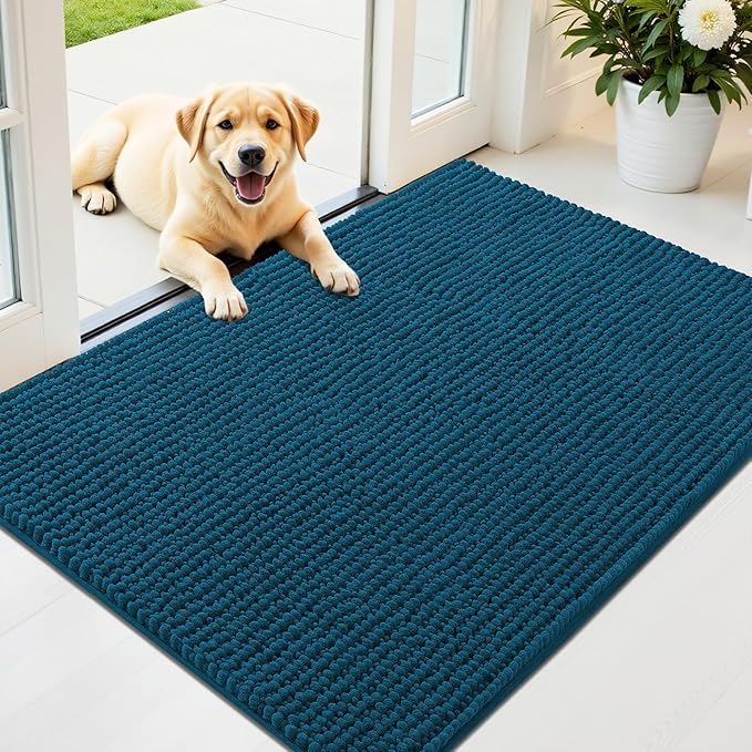 OLANLY Dog Door Mat for Muddy Paws 44x32, Extra Absorbent Chenille Mud Mat | Atlantic Blue, Absorbs Moisture and Dirt, Non-Slip Machine Washable Doormat, Quick-Drying Indoor Entryway Floor Mat for Dogs
