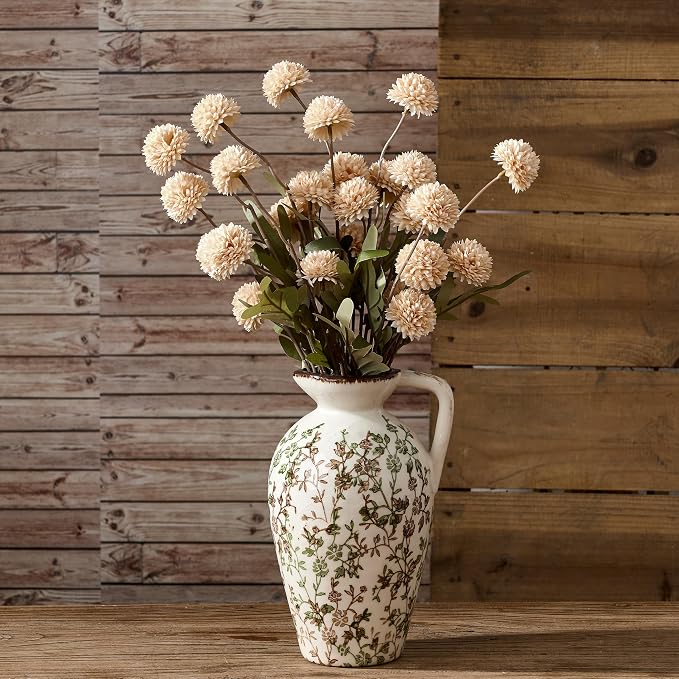 Green and Beige Antique Vase, 8.9 Inch Vintage Chinoiserie Floral Vase, Rustic Ceramic Vase for Home Decor, Living Room, Bookshelf, Office, Entryway, Garden, Chinoiserie Decor, Tuscan Decor