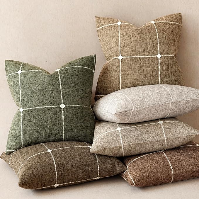 Foindtower Pack of 2 Decorative Faux Linen Jacquard Check Throw Pillow Covers Farmhouse Lumbar Cushion Cover with Grid Textured Accent Pillowcase for Couch Living Room Home Decor,12×20 Inch,Tan Khaki