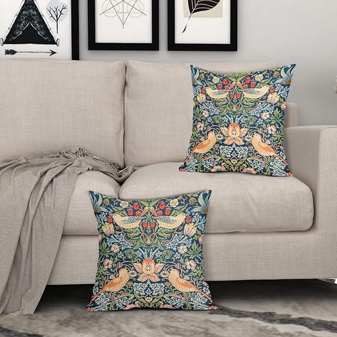 Chinoiserie Blue Sage Green Teal Pimpernel Pillow Covers 22x22 Inch Set of 2 Colorful Floral Bird Red Strawberry Pillow Cases Vintage Flower Throw Pillowcases Home Decor for Couch Patio Sofa Porch