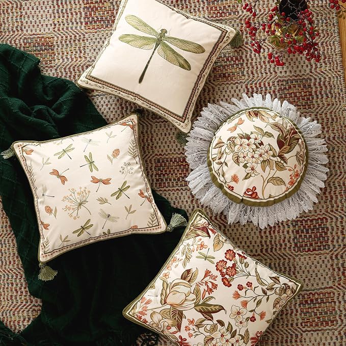 Designer Velvet Throw Pillow Covers,Set of 2,Diameter 16"-Grace D | Pillow Cover,Concealed Zipper Design,Dragonfly Pattern,Sofas,Bedroom,Living Room,Lounge Chairs,All Season Home Decor