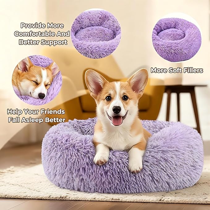 Calming Donut Dog and Cat Bed for Indoor Cats, Anti-Anxiety Round Fluffy Soft Washable Small Pet Bed for Puppy and Kitten, Warming Comfortable Luxury Anti-Slip Waterproof Mute Base 20in Purple