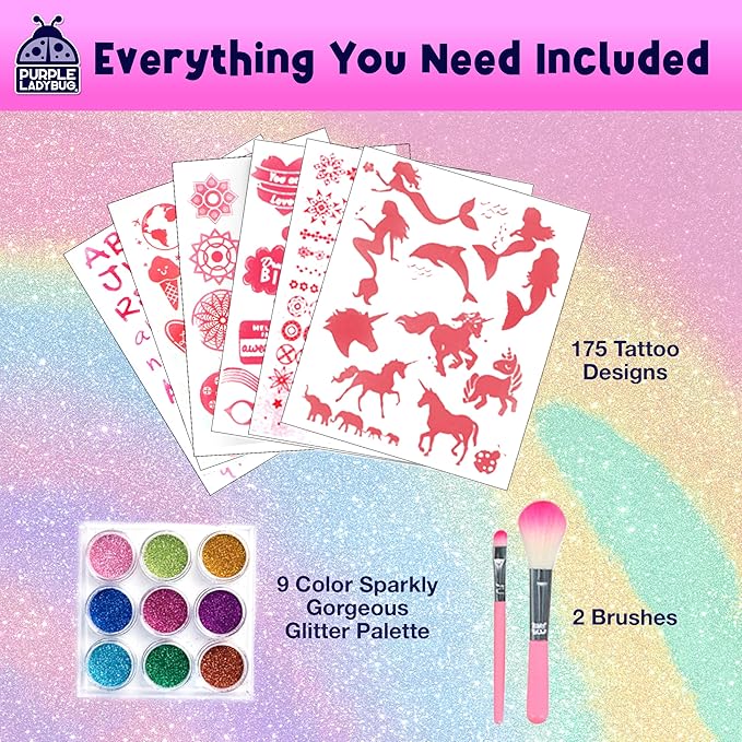 PURPLE LADYBUG 175-Piece Temporary Glitter Tattoos Kit for Kids & Teens - Christmas Gifts for 6 7 8 9 10-12 Year Old Girl Birthday, Craft for Girls 8-12, Ideal Stocking Stuffers for Holiday Party