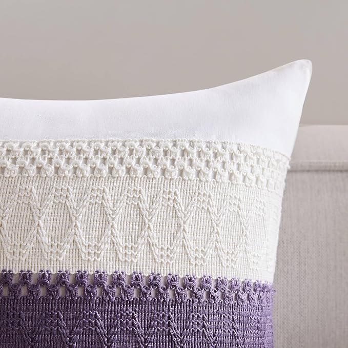 2pk Boho Pillow Covers 20x20, Natural White/Contrast/Purple | 100% Organic Cotton Body, Stripe Embroidery, Farmhouse Decorative Cushion Covers for Sofa Bed Living Room Home Decor