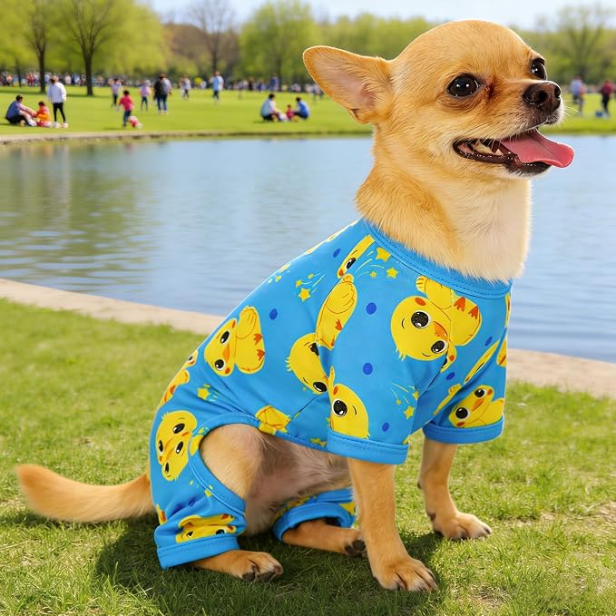 Dog Pajamas Summer Cute Print Puppy Jumpsuit Thin Dog Onesie Small Dog Clothes with Comfy & Elastic Frbic Puppy Pjs(Blue Duck, Medium)