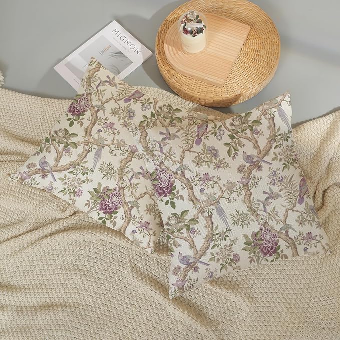 Chinoiserie Pillow Covers 24x24 Set of 2 Purple Green Floral Bird Throw Pillows Vintage Flowers Bird Decorative Pillow Cases Outdoor Chinoiserie Decor Farmhouse Cushion Case for Couch Sofa