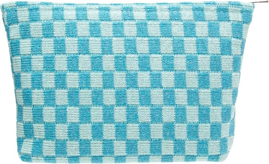 PAZIMIIK Knitted Checkered Makeup Bag Large Zipper Make Up Accessory Pouch for Purse Cosmetic Brush Bag for Travel Essential Lake Blue