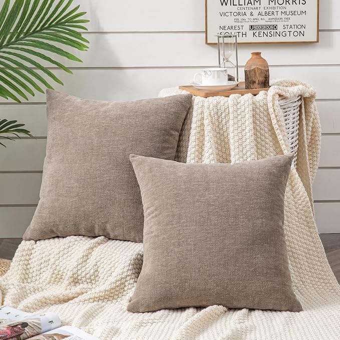 GAWAMAY Decorative Chenille Throw Pillow Covers 24x24 Inch Pack of 2, Soft Square Couch Pillow Cover for Sofa Cushion Living Room Bedroom Pillowcases Taupe Grey 60x60cm (ONLY Covers)