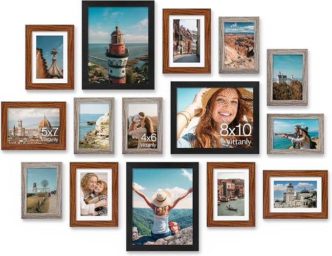 Vittanly 15 Pack Gallery Wall Frame Set, Black, Walnut Brown, Dark Grey | Picture Frames Collage Wall Decor: 3pcs 8x10, 6pcs 5x7, 6pcs 4x6. Picture Frame Set for Wall or Tabletop Display
