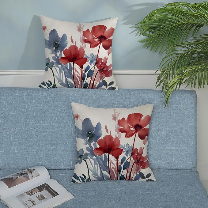 Floral Pillow Covers 20x20 Inches Set of 2 Independence Day Blue Red Floral Throw Pillow Covers Outdoor Rustic Spring Summer Flower Pillowcase Farmhouse Decorative Cushion Cover For Sofa Couch