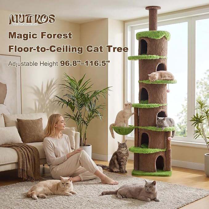 MUTTROS Magic Forest Floor-to-Ceiling Cat Tree, Adjustable 96.8"-116.5" | Designed for multi-cat homes, 6 spacious condos, scratching posts, hammock and perches for cats to climb, rest and relax