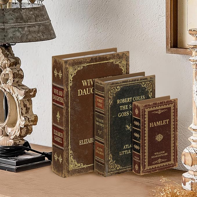 Vintage Faux Leather Decorative Book Box Set of 3 – Wooden Secret Storage Box with Magnetic Closure, Hidden Organizer for Bookshelf, Desk, or Office Decor (Classic Literature)