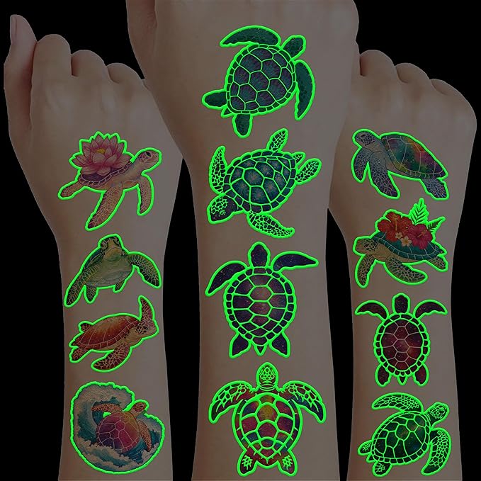 96 PCS Turtle Pre-Cut Luminous Glow in the dark Temporary Tattoos for Kids | Super Cute First Themed Birthday Party Favors Supplies Decorations, Fake Ocean Animal Tattoo Stickers Gifts for Boys Girls