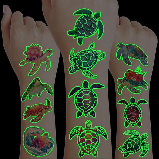 96 PCS Turtle Pre-Cut Luminous Glow in the dark Temporary Tattoos for Kids | Super Cute First Themed Birthday Party Favors Supplies Decorations, Fake Ocean Animal Tattoo Stickers Gifts for Boys Girls