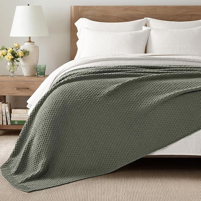 EVERGRACEHOME Chunky Chenille Knit Throw Blanket, 108x92, Dried Thyme Green | Sculpted Moss Stitch, Chic Modern Farmhouse, All-Season Warmth, OEKO-TEX® Certified, Oversized King for Couch, Bed, Sofa