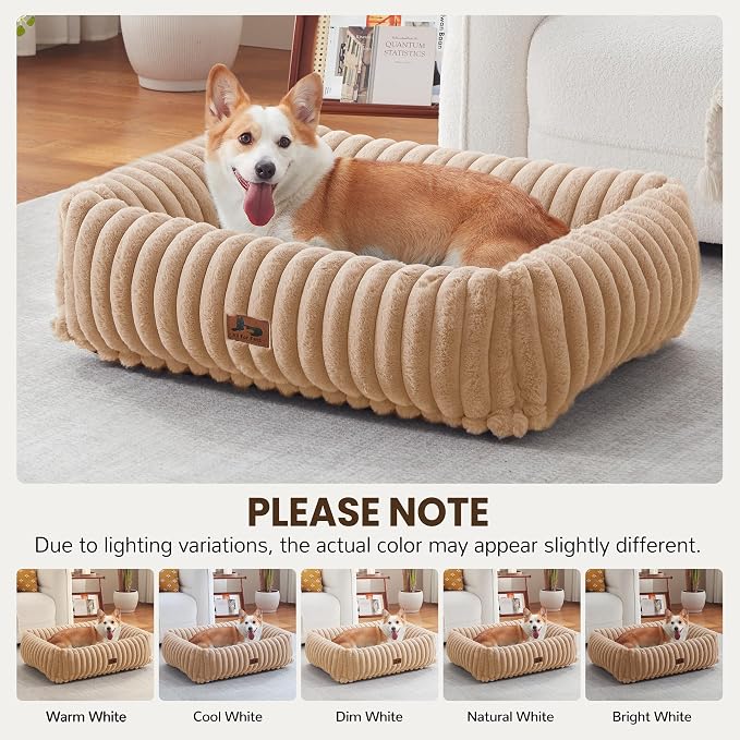Dog Bed Medium Size Dog, Rectangle Orthopedic Pet Bed for Car and Indoor, Comfort Fluffy Memory Foam Dog Beds with Anti-Slip Bottom, Camel (30x24x8 inches)