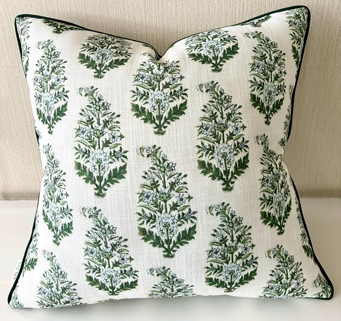 Green Floral Bouquet Print 20x20 Throw Pillow Cover, Green | Green Floral Bouquet sprigs on off-white slub, green piping; both sides printed; hidden; cover only