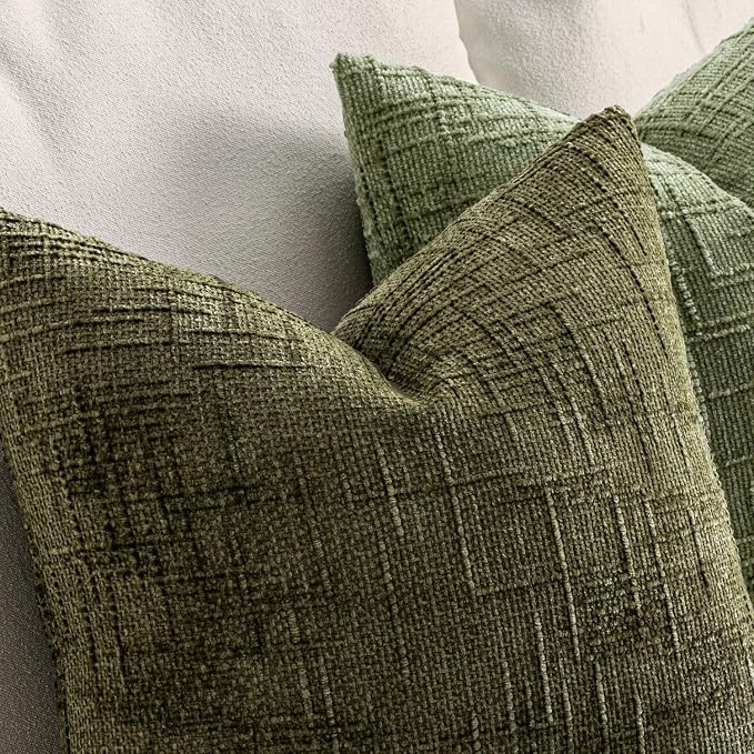MIULEE Chenille Textured Throw Pillow Covers Olive Green 20x20 Set of 2 | Slubby Decorative Pillows, Boho Farmhouse Home Decor, Modern Neutral Cushion Covers for Couch Sofa Bed Living Room