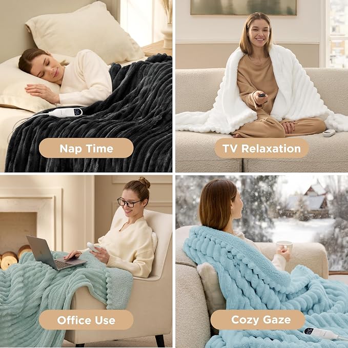 Bedsure Electric Blanket King Size - Thick Striped Flannel Electric Blanket with Dual Control, Heating with 6 Heat Settings & 6 Time Settings, 8 hrs Timer Auto Shut Off (90"x100", Green)