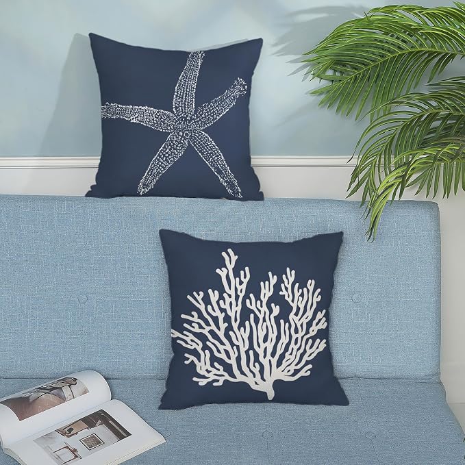 Navy Blue Coral Starfish Pillow Covers 20x20 Inch Set of 2 Coastal Throw Pillows Spring Summer Nautical Beach Ocean Decorations Linen Pillowcase Outdoor Decor Farmhouse Cushion Case for Home