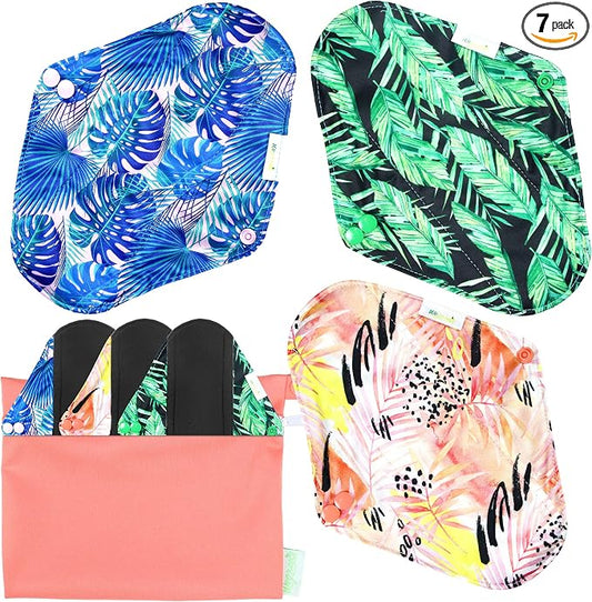 wegreeco Reusable Menstrual Pads - Reusable Sanitary Pads | Reusable Panty Liners | Soft Cloth Menstrual Pads - 6 Pack with 1 Cloth Mini Wet Bag (Large, Leaves