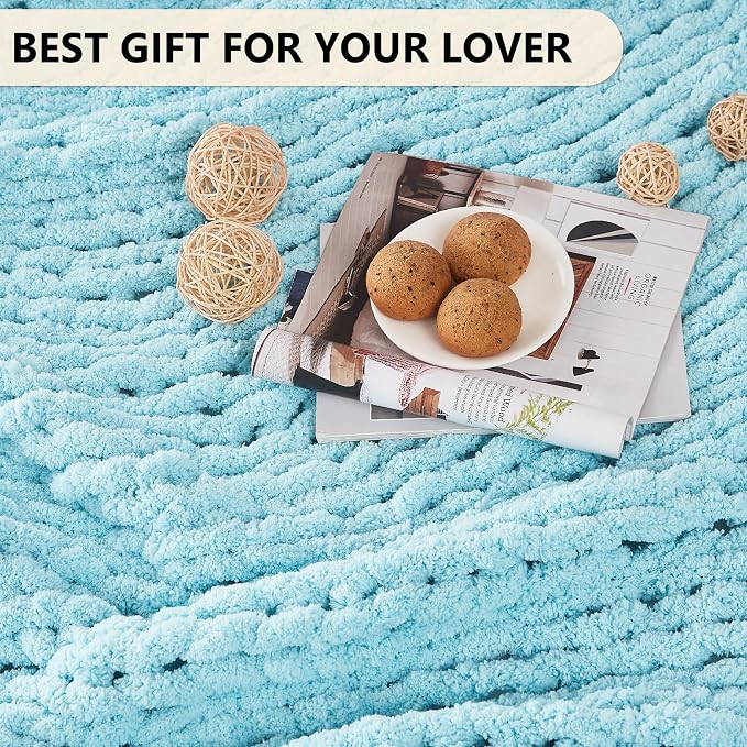 L'AGRATY Chenille Chunky Knit Blanket, Light Blue, 50x60, Heavyweight Throw Blanket for Home Decor | Handmade Chenille Crochet Blanket for Sofa Bed, Thick Cable Knitted Blankets for Room Home Decor, Birthday Gift for Women Mom