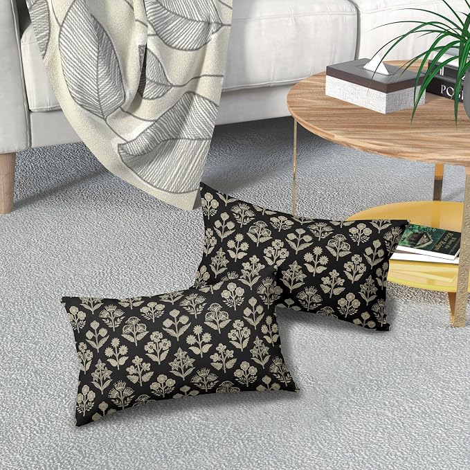 Black Pillow Covers 12x20 Inch Set of 2, Cream Floral Block Print Pattern Lumbar Decorative Throw Pillowcases Outdoor Farmhouse Rectangle Cushion Covers Spring Summer Sofa Couch Bed Decor