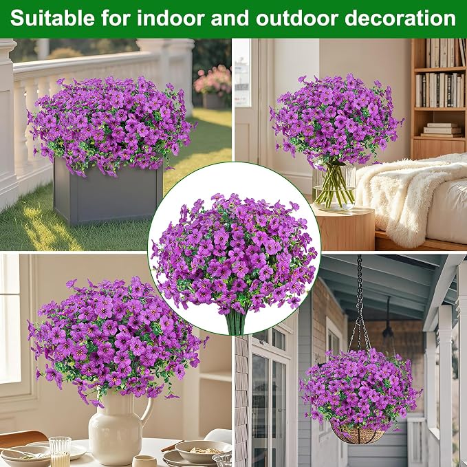 24 Pcs Artificial Flowers for Outdoors Decorations, Purple | Lifelike silk flowers, UV resistant, faux plastic plants, for garden porch window table vase home indoor outdoor decor