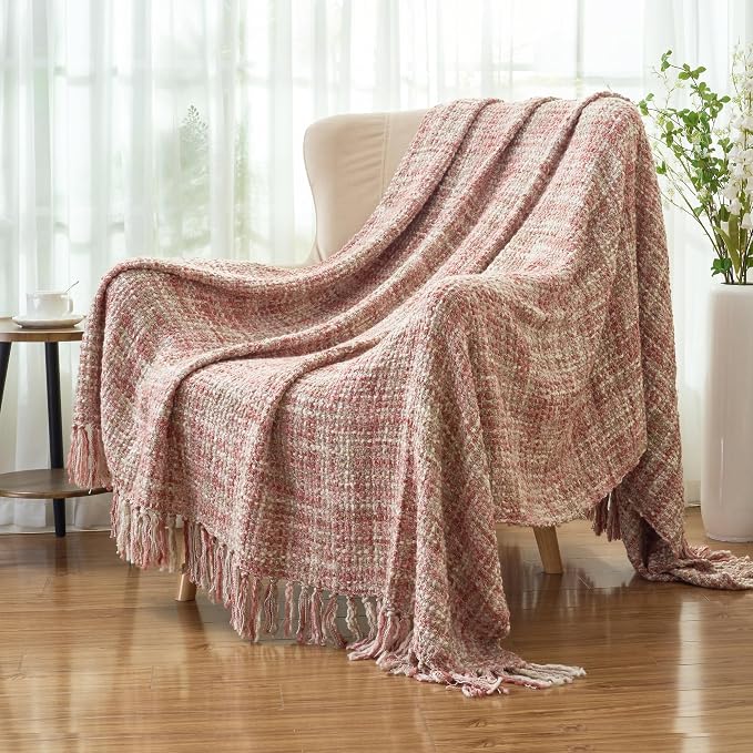 Multi-Color Cable Woven Throw Blanket for Couch - 50"X60" | Multicolored Boho Style,Super Soft Warm Cozy Chunky Blankets with Decorative Tassels for Bed and Sofa,Light Pink