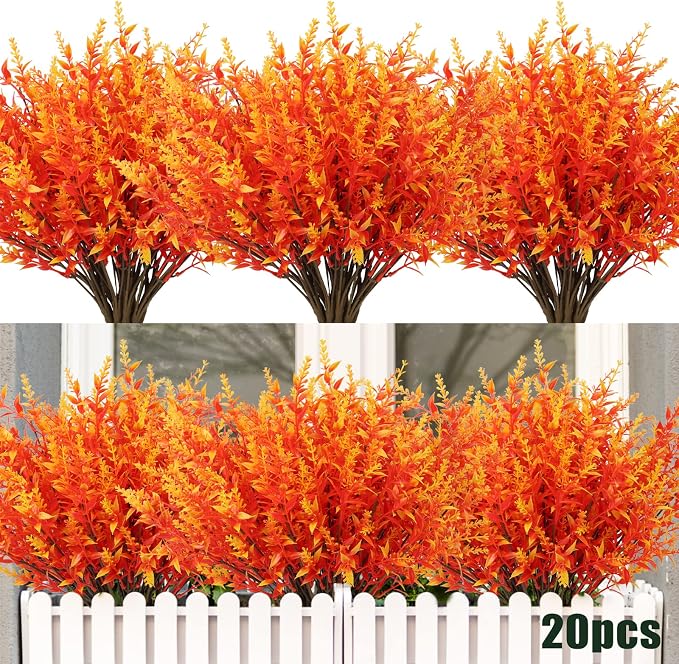 RECUTMS 20 Bundles Artificial Fall Flowers UV Resistant Faux Autumn Plants | Autumn Golden Decor Fake Fall Greenery Indoor Outdoor for Thanksgiving Christmas Wedding Party Home Garden Fireplace Décor