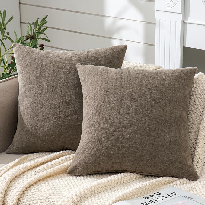 GAWAMAY Decorative Square Throw Pillow Covers 18"x18" Inch Set of 2, Super Soft Chenille Pillows Farmhouse Fall Pillowcase for Living Room Bedroom Sofa Couch Cushion Cover Taupe Grey 45x45cm