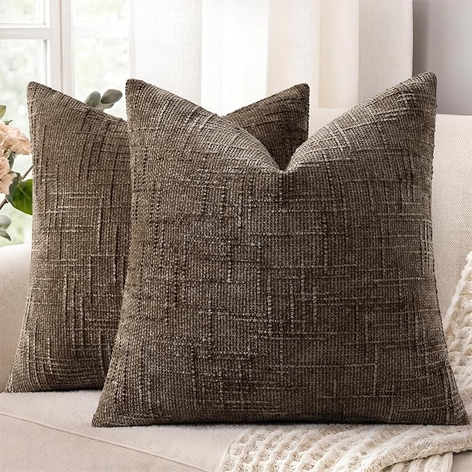 decorUhome Textured Chenille Throw Pillow Covers 22x22 Set of 2 Dusty Brown | Fall Modern Farmhouse Soft Cozy Slubby Couch Pillow Cases Boho Decorative Pillow Cases for Bed Sofa Living Room Home Decor