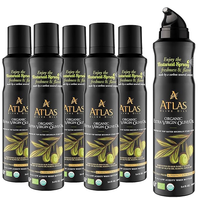Olive Oil Spray by Atlas, Dual Function Olive Oil Cooking Spray and Stream, 5.4 fl oz, 6 Pack, Extra Virgin, Non Stick, Cold Pressed, Polyphenol Rich, Organic Moroccan EVOO, Hydroxytyrosol, Keto