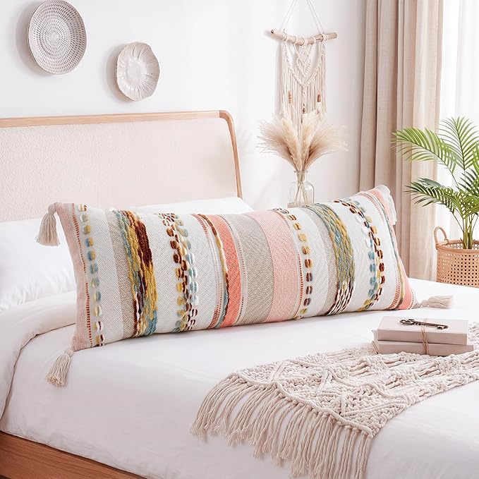 PANOD Boho Long Lumbar Throw Pillow Cover 14 x 36 Red Brown, Chenille Morocan Extra Long Pillow Case Cover, Decorative Long Pillow for Bed Couch Sofa Farmhouse
