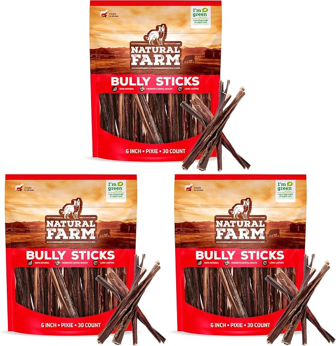 Natural Farm Pixie Bully Sticks (6 Inch, 90 Pack), Thin Pizzle Beef Treats, Grain-Free, High Protein, Best Rawhide Alternative for Small, Puppies or Senior Dogs
