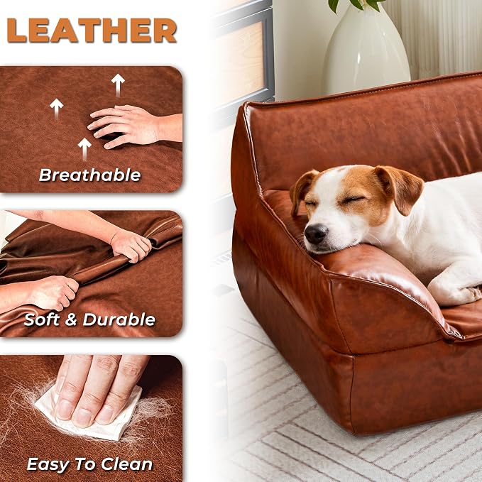 Dog Couch Bed Leather Cat Sofa for Small and Medium Pets Under 50 lbs | Brown Mid Century Modern Elevated Dog Sofa Chair, Luxurious Indoor Furniture Style Pet Supplies for Puppy