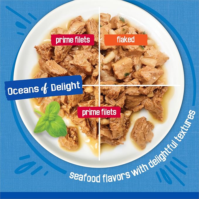 Friskies Purina Wet Cat Food Variety Pack, Oceans of Delight Flaked and Prime Filets - 5.5 oz. Cans (Pack of 80)