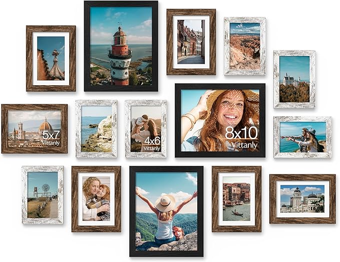 Vittanly 15 Pack Gallery Wall Frame Set, Black, Brown, Distressed White | Picture Frames Collage Wall Decor: 3pcs 8x10, 6pcs 5x7, 6pcs 4x6. Picture Frame Set for Wall or Tabletop Display
