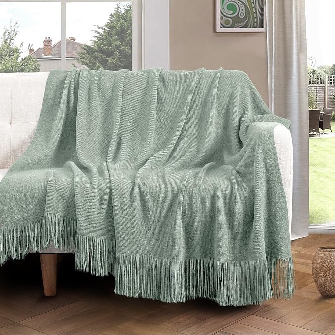 Vonty Sage Green Knitted Throw Blanket with Tassels Fringe, 60x80 Acrylic | Super Soft And Lightweight, Year-Round Cozy Warmth, Farmhouse Decorative Style, Machine Washable, for Couch, Sofa or Bed