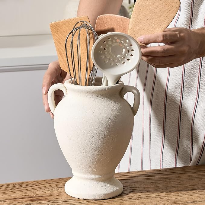 PORCER Ceramic Rustic Flower Vase with Handles, 8.46 Inch Tall Vintage Pottery Home Decor, Farmhouse Terracotta Vase for Living Room, Table, Shelf, Mantel Decoration, Farmhouse- White