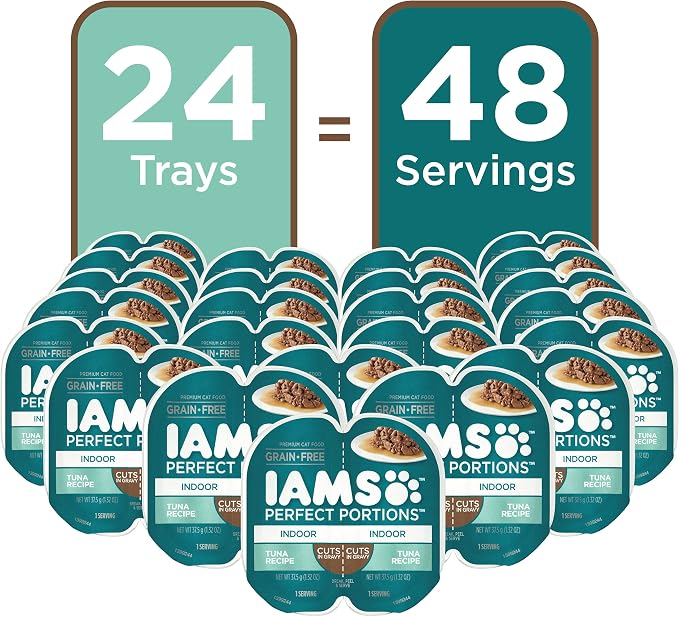 IAMS Perfect Portions Indoor Cuts in Gravy Wet Cat Food, Tuna, 24 Count | Made in USA, Snap, peel & serve, Vitamin E, prebiotic for digestion, no artificial flavors, 2.6 oz. twin-pack trays