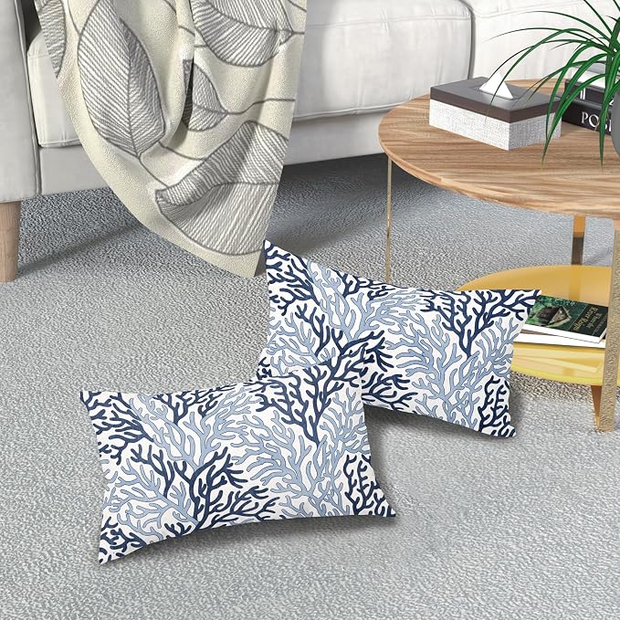 Summer Coastal Coral Lumbar Pillow Covers 12x20 Inch Set of 2 Nautical Blue Whtie Ocean Themed Beach Pillow Cases Outdoor Linen Square Cushion Cover Farmhouse Decor for Bedroom Home Sofa Couch