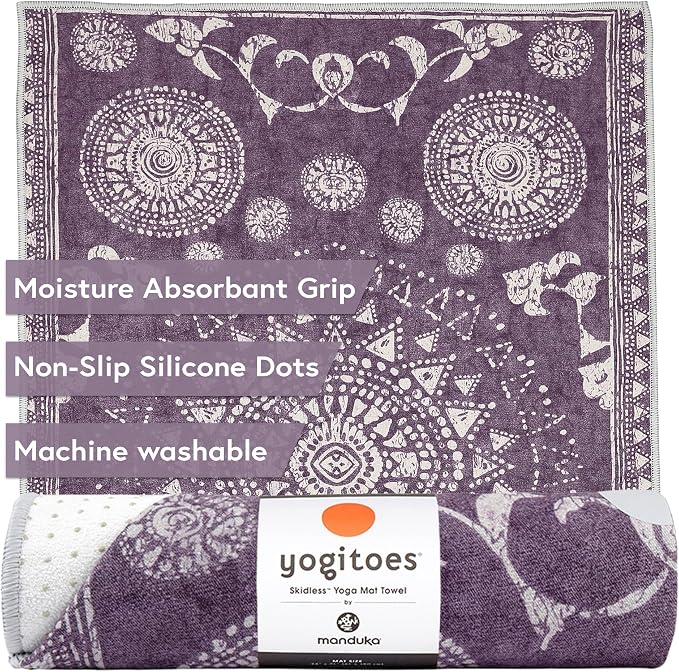 Manduka Yogitoes Hot Yoga Mat Towel - 71" | Moisture Activated Grip | Patented Silicone Nubs | Highly Absorbent, Durable & Easy Care | Made from Recycled Materials | 71 x 24 Inches | Geija Purple