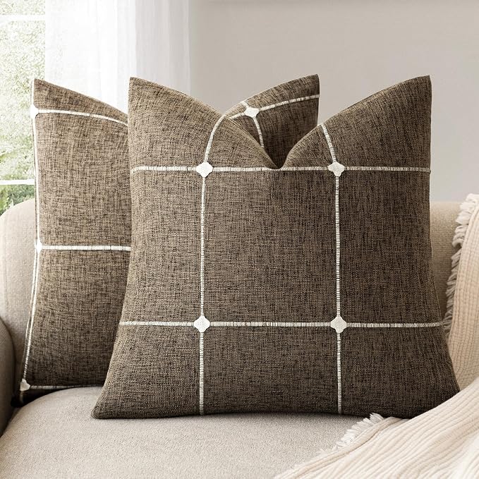 Foindtower Pack of 2 Decorative Faux Linen Jacquard Check Throw Pillow Covers Farmhouse Cushion Cover with Grid Textured Accent Pillowcase for Couch Sofa Living Room Home Decor,22×22 Inch,Cocoa Brown