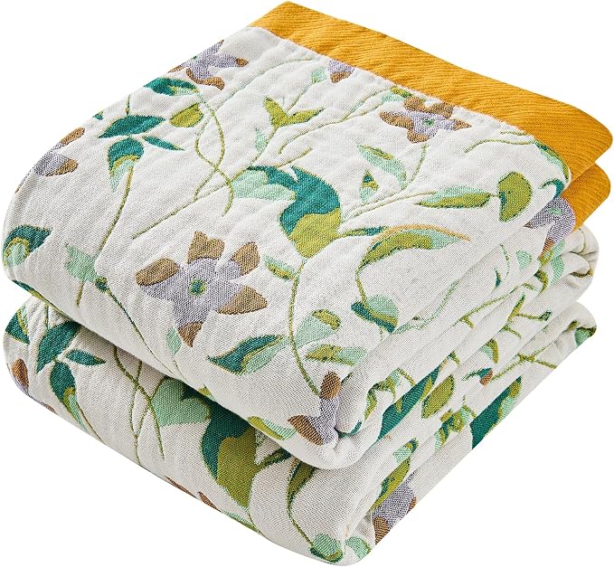 VANJOROY Boho Throw Blanket, 100% Organic Cotton Breathable Skin-Friendly Ultra Soft 80" x 90" Bed Quilt Throw - Floral Rustic Decor Luxury Reversible Blanket for Sofa Couch Chair and Gift,