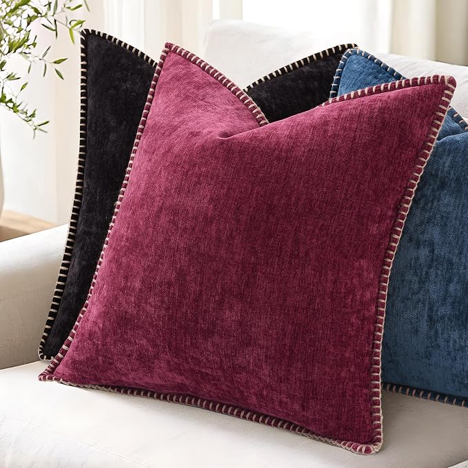 decorUhome Soft Chenille Throw Pillow Covers 26x26 Set of 2 Rhododendron | Fall Textured Decorative Throw Pillow Cases Stitched Edge Modern Farmhouse Luxury Boho Velvet for Couch Sofa Bed Home Decor