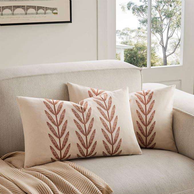 Farmhouse Leaves Lumbar Pillow Covers Set of 2, 12x20in Terracota | 100% Organic Cotton, Rustic Accent Print Pillow Case, Pastoral Decorative Cushion Covers for Sofa Bed Living Room Home Decor