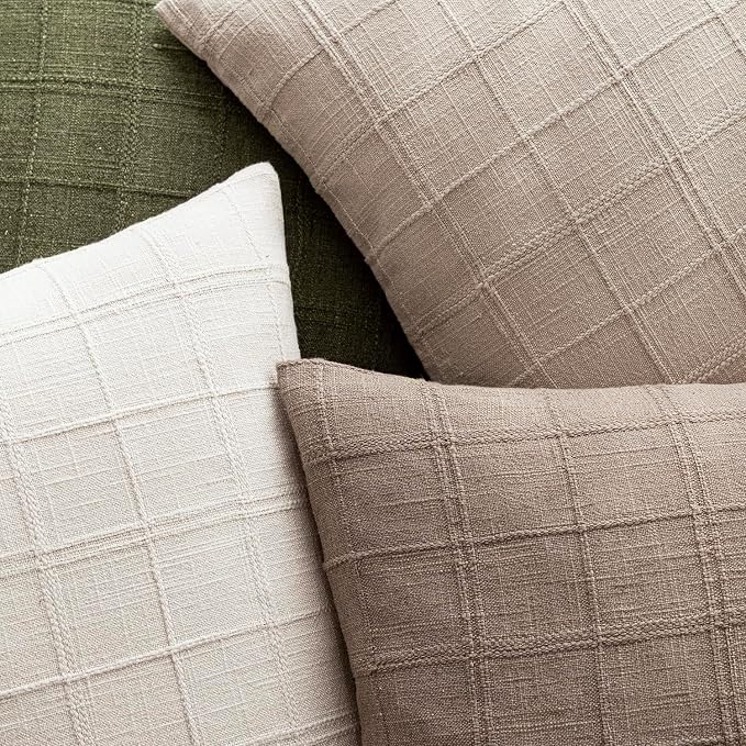 Foindtower Set of 2 Decorative Linen Check Throw Pillow Covers Neutral Long Body Lumbar Cushion Covers Farmhouse Vintage Boho Home Decor for Sofa Chair Couch Bedroom Living Room,14×36 Inch,Tan Taupe